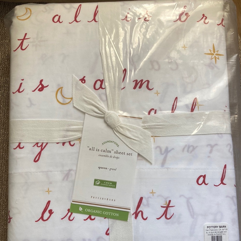 NWT, Never Opened Pottery Barn “All is Calm” Organic Cotton Queen Sheet Set